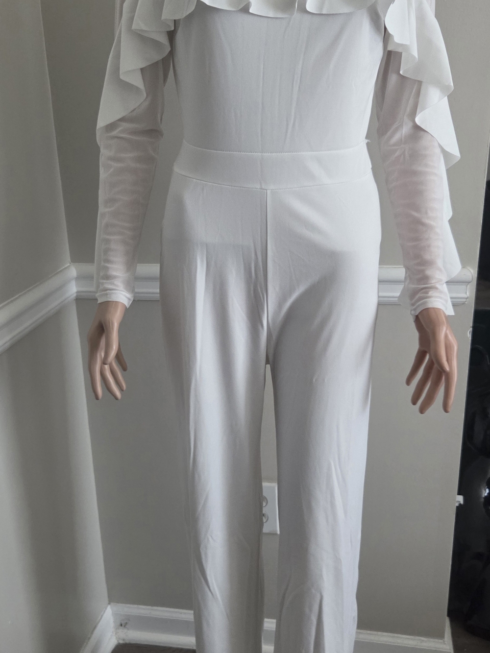 Women's Ruffle & Sheer Off White High-Waist Wide-Leg Jumpsuit